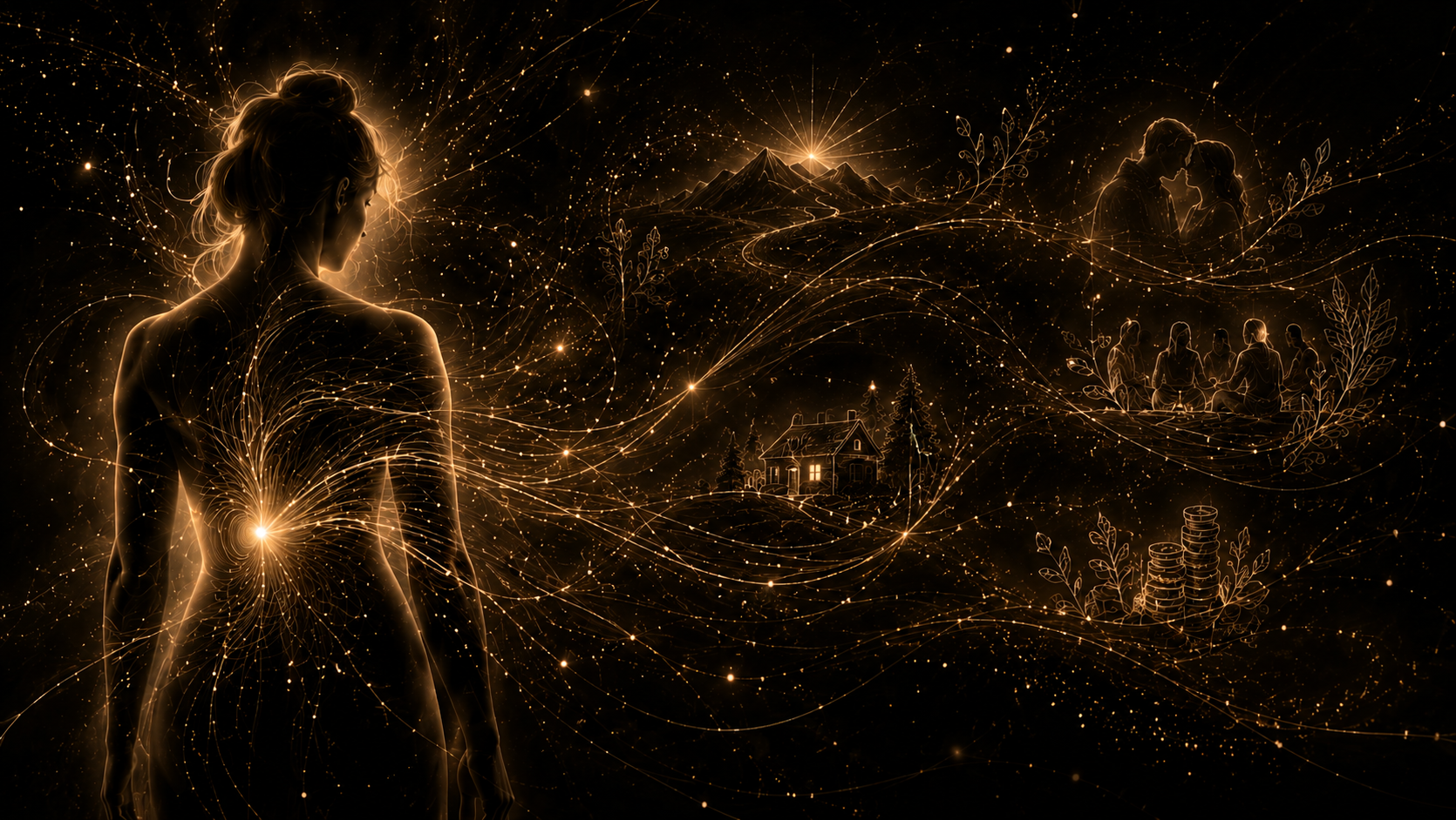 A woman seen from behind, a golden point of sensation at her lower back projecting a luminous map of memories and places across the darkness